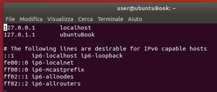 File /etc/hosts prima di cambiare hostname su linux