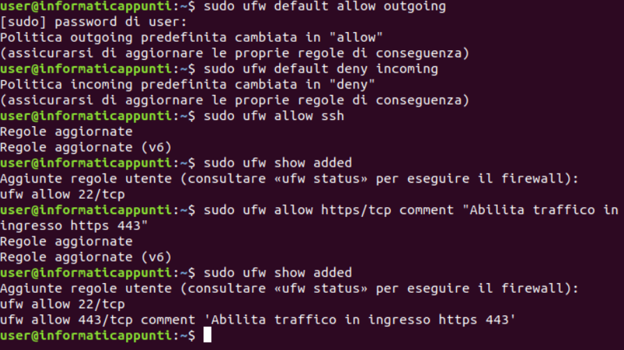 output configurazione ufw ubuntu linux