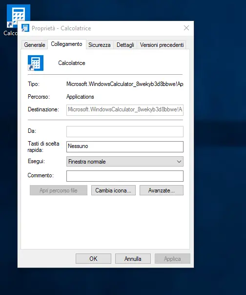 Schermata proprietà Calcolatrice