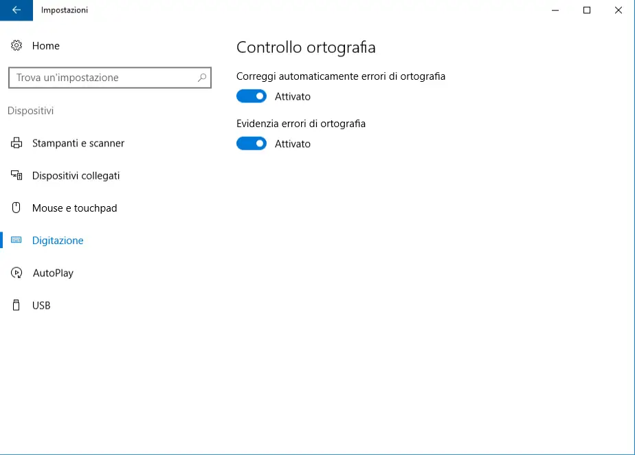 Impostazioni di digitazione - Controllo automatico ortografia