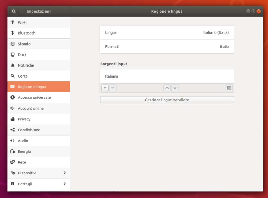 Il menu Regione e lingua (Language support) di ubuntu gnome