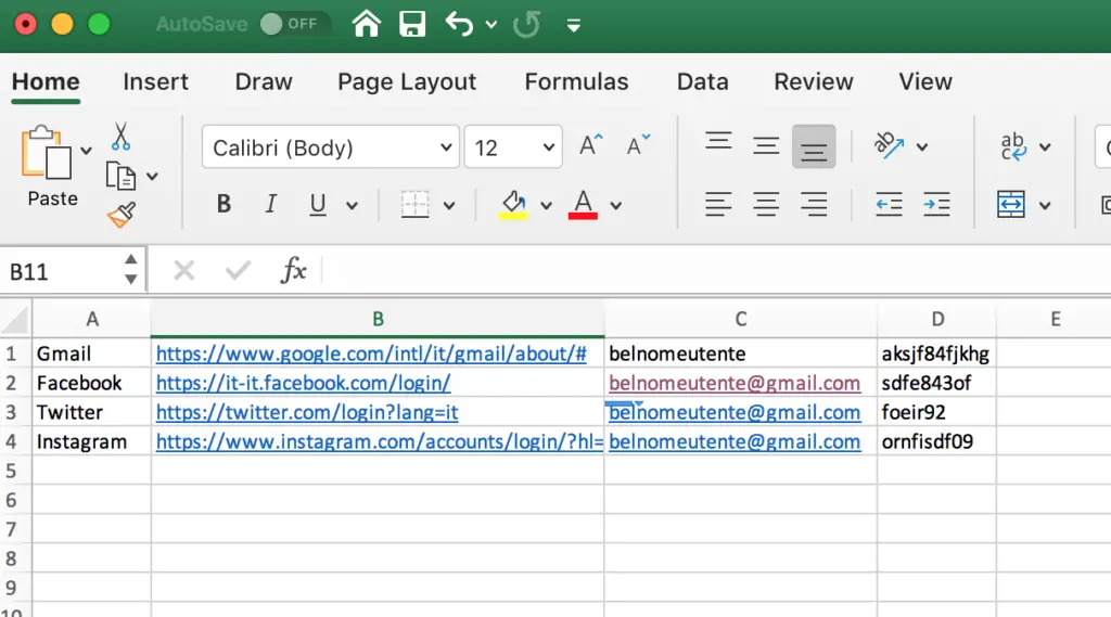 Popoliamo il file xlsx con le password dei nostri account