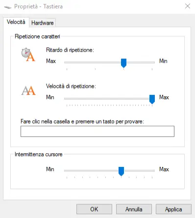 Proprietà tastiera - Ripetizione caratteri e intermittenza cursore