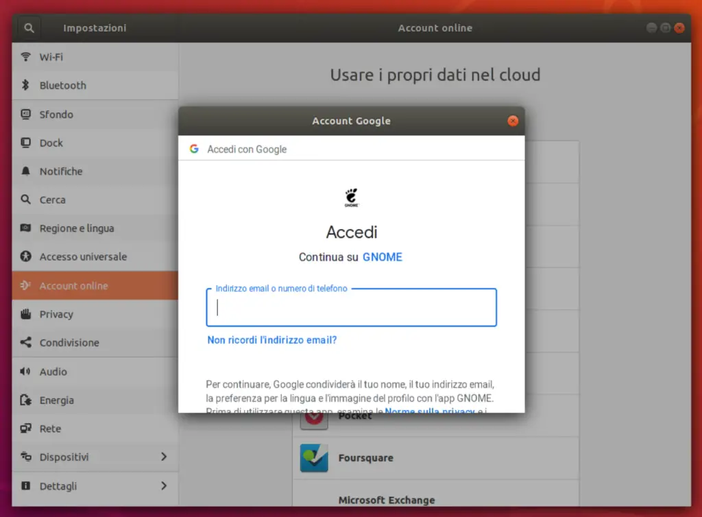 Accesso a google drive su Account online di Ubuntu