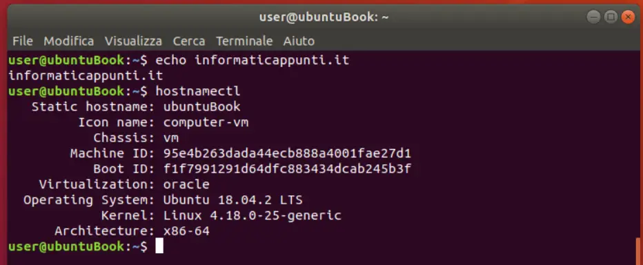 Output comando hostnamectl