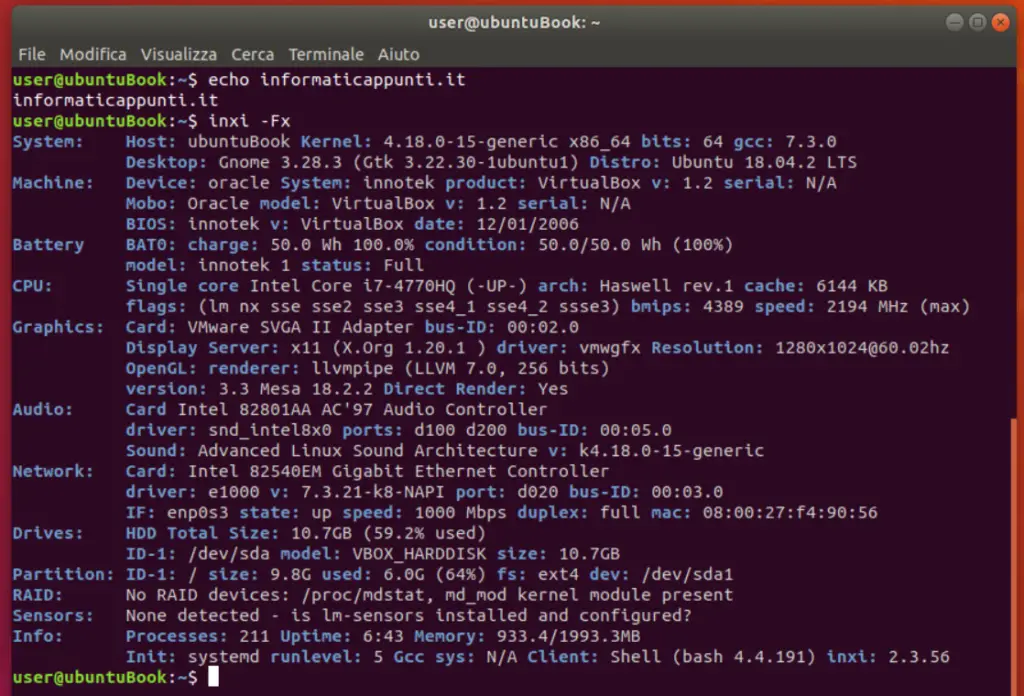 Output del comando inxi ubuntu
