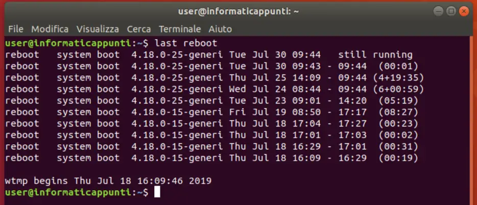 output comando last reboot