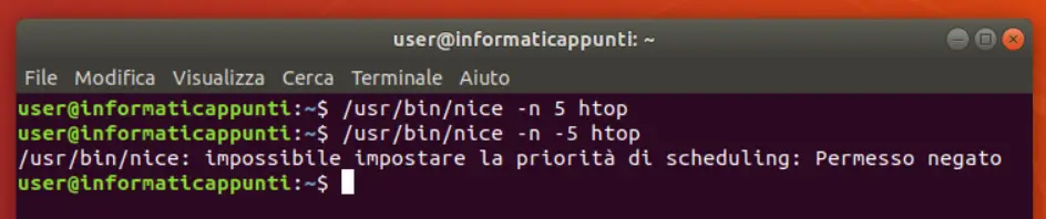 Il comando nice linux con comandi positivi e negativi