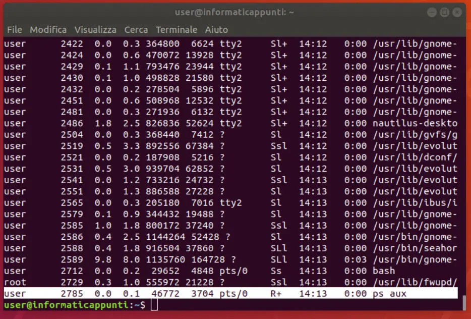 output comando ps aux
