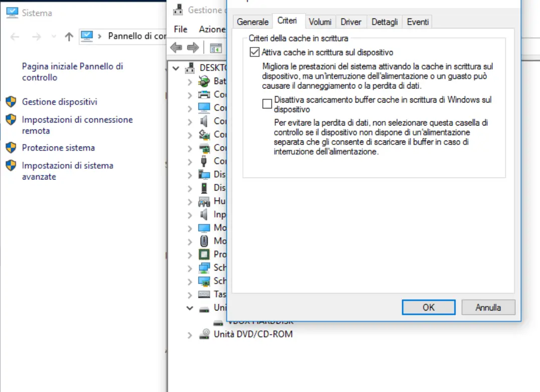 configurazione "Attiva cache in scrittura sul dispositivo"