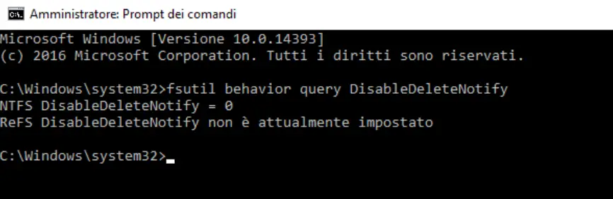 risultato del comando fsutil behavior query DisableDeleteNotify