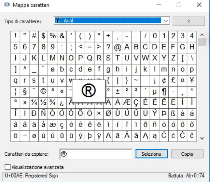 mappa caratteri per trovare i caratteri speciali tastiera alt