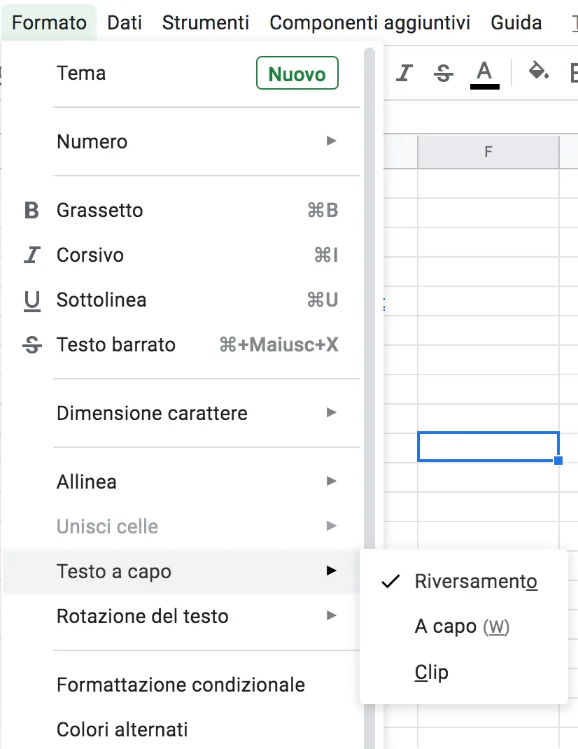 Menu Formato -> Testo a capo in google fogli