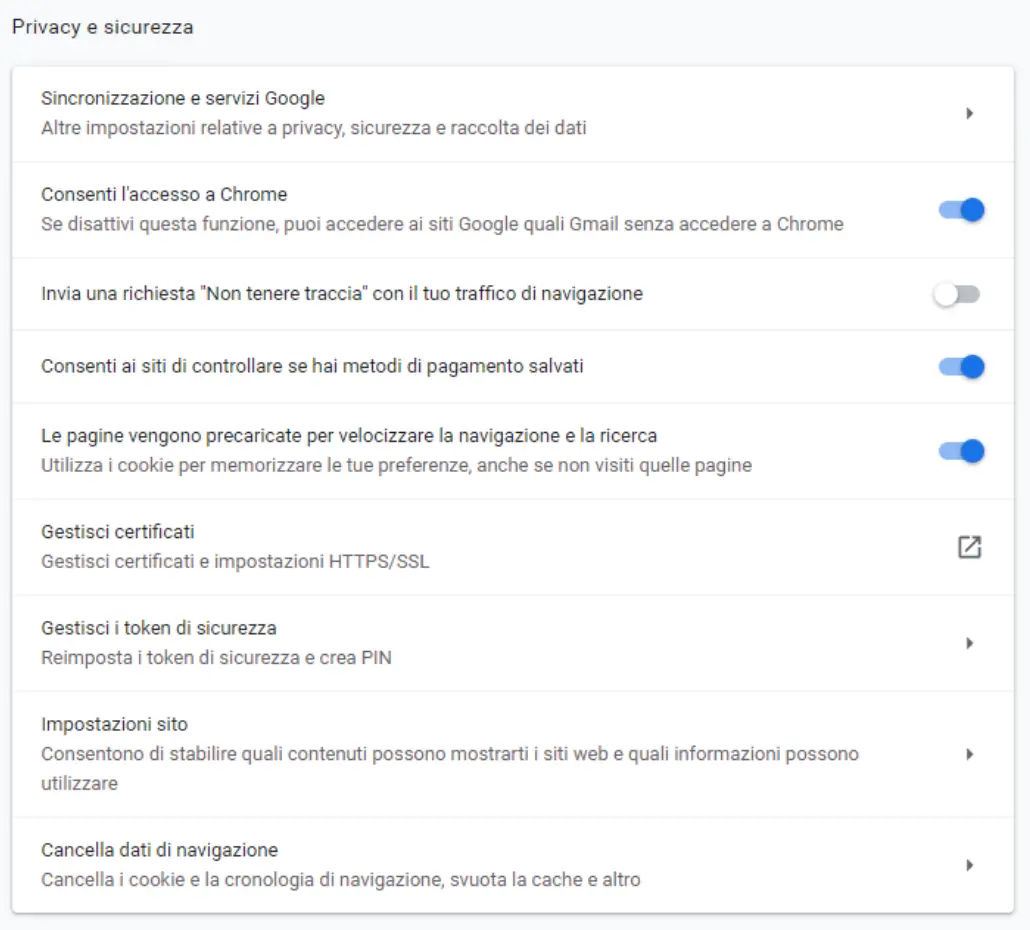 Google Chrome menu Privacy e Sicurezza