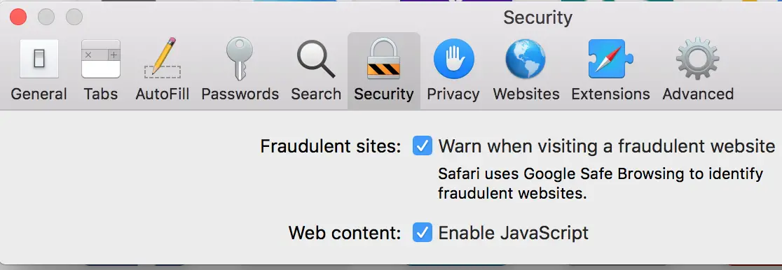Safari Security configuration