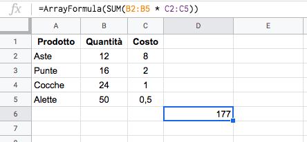 Formula finale con arrayformula in google sheets