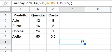 Formula finale con arrayformula in google sheets