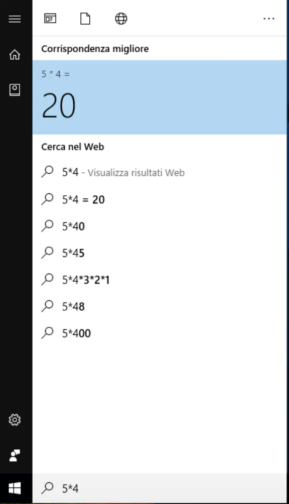 La calcolatrice integrata nella ricerca di windows