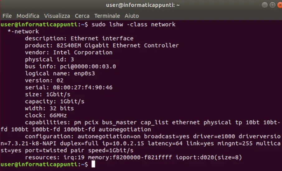 risultato comando sudo lshw -class network