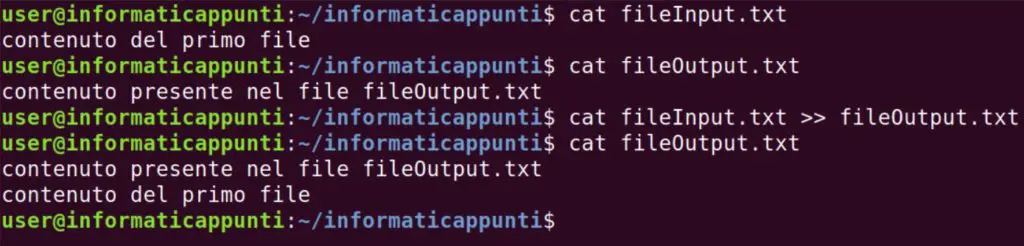 esempio del comando cat linux per appendere il contenuto di un file in coda a un altro