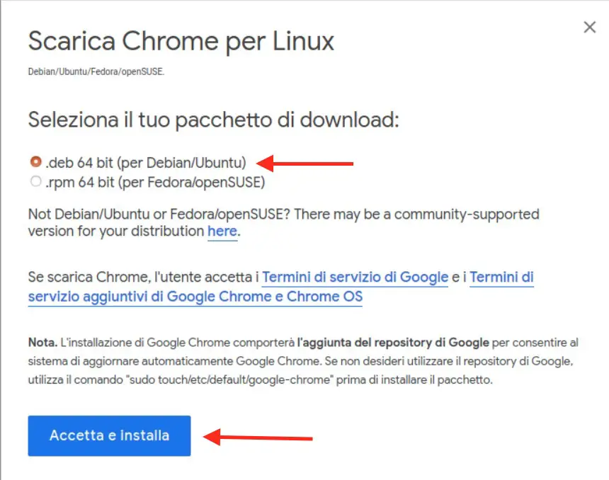 Chrome download - scelta pacchetto