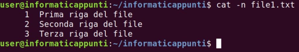 esempio output comando cat -n