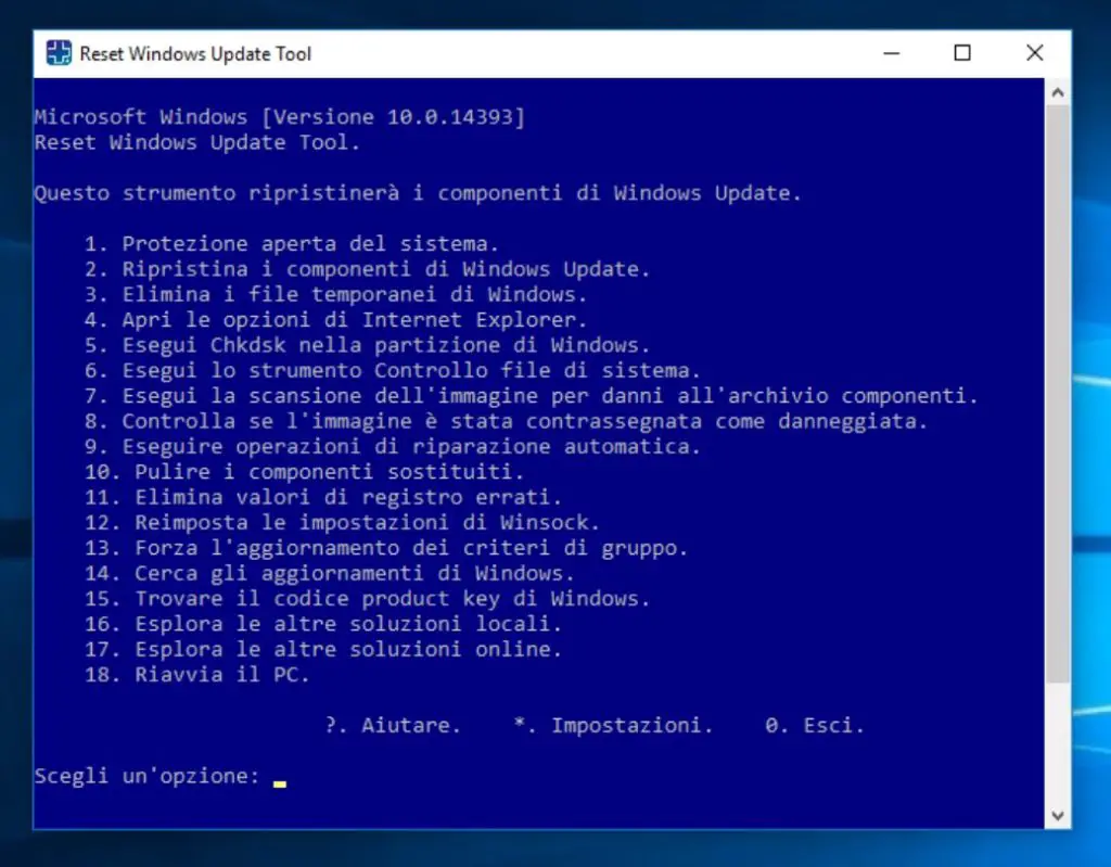 Schermata di selezione delle opzioni del reset windows update tool