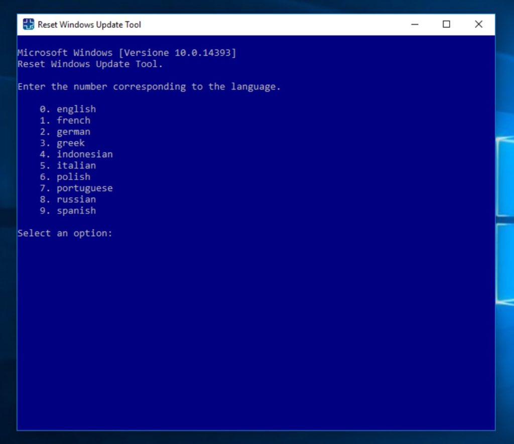 Schermata di selezione della lingua del reset windows update tool