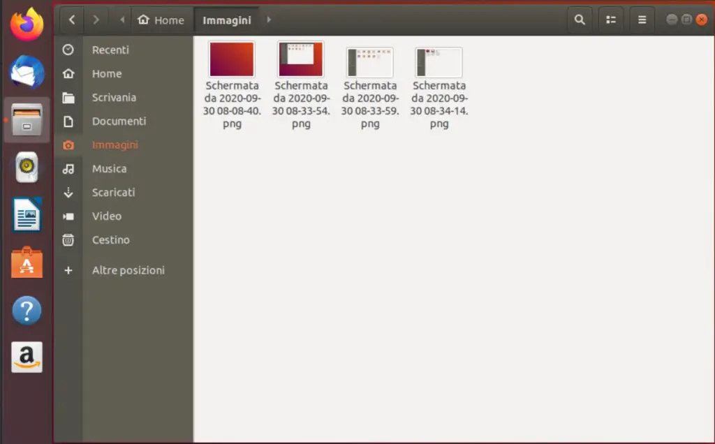 La cartella Immagini contiene gli screenshot di ubuntu