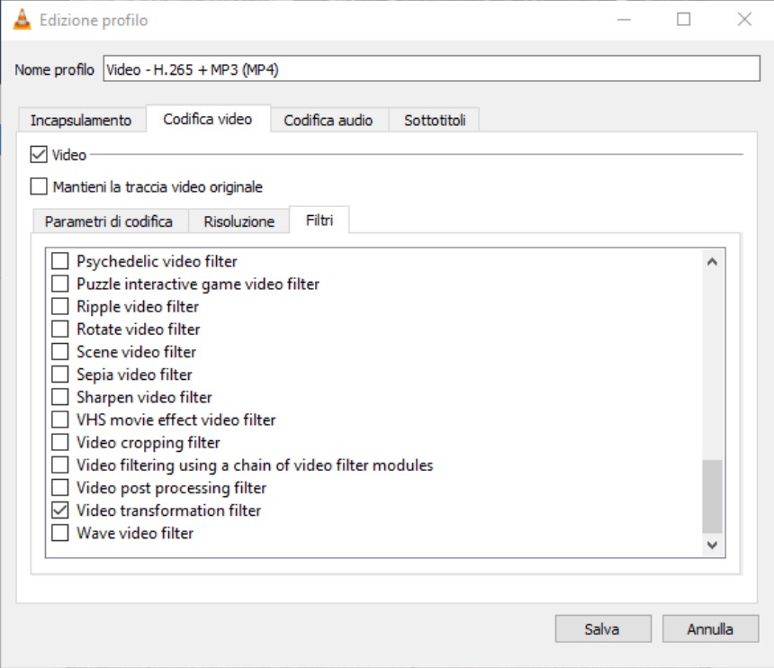 salvare un video ruotato con VLC - schermata edizione profilo - Codifica video - Filtri