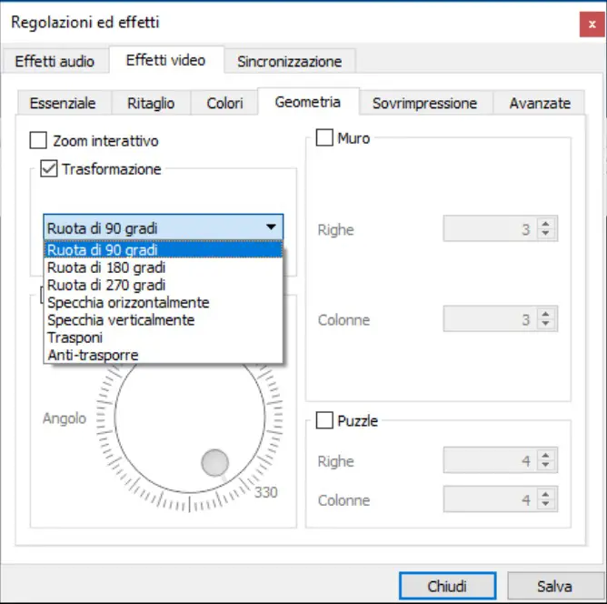 come ruotare un video con VLC tramite Regolazioni ed effetti -> Effetti video -> Geometria