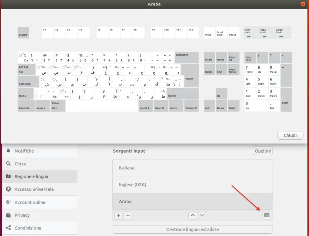 Verifica del layout tastiera araba selezionato