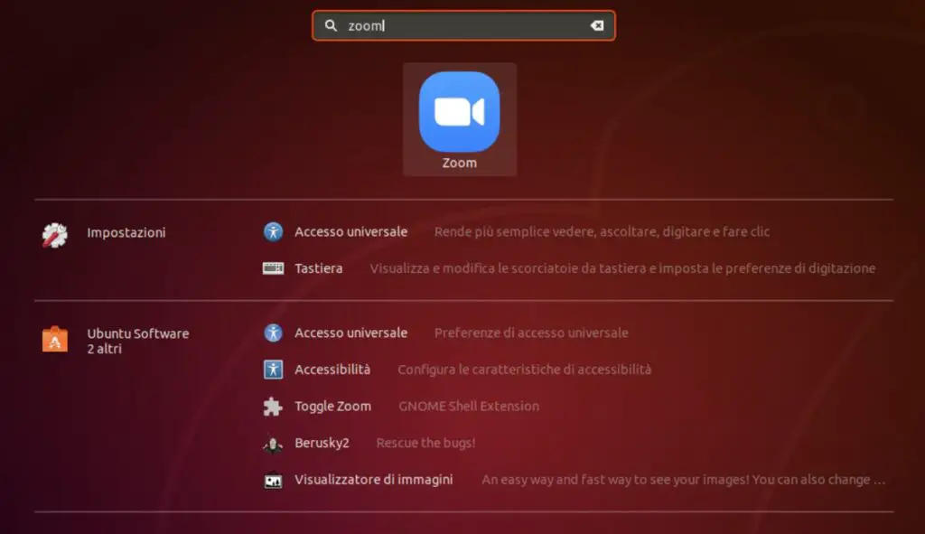 ricerca zoom su ubuntu mostra applicazioni