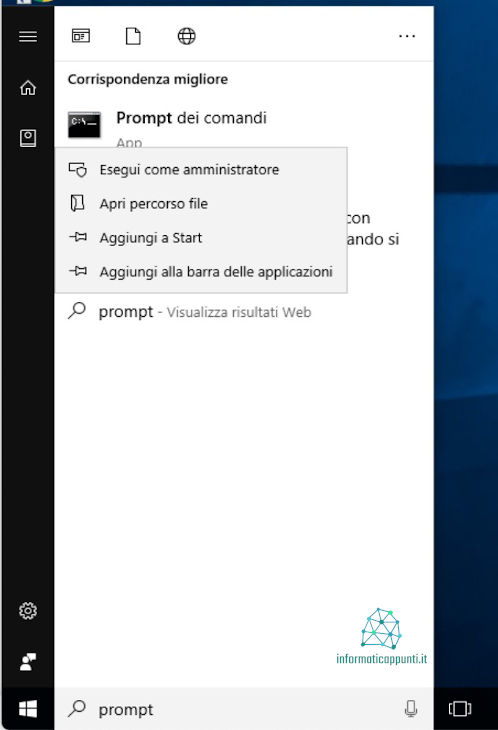 Aprire il prompt dei comandi tramite la barra di ricerca