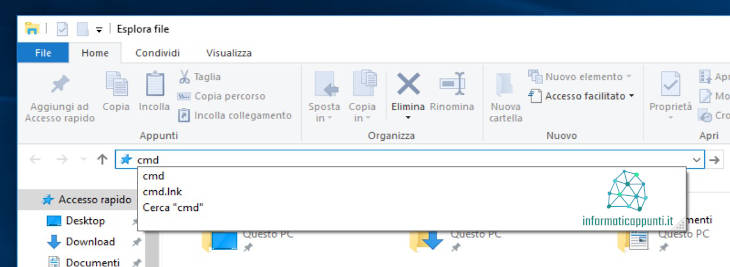 Avviare il prompt dalla barra degli indirizzi di Esplora file