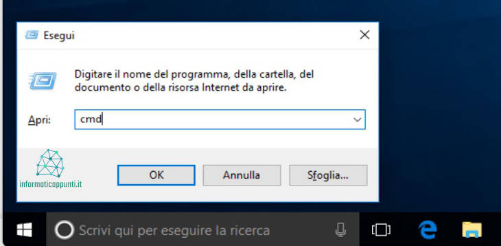 Aprire il prompt dei comandi tramite la finestra esegui