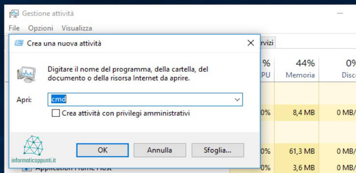 Aprire il Prompt dei comandi dal task manager di windows