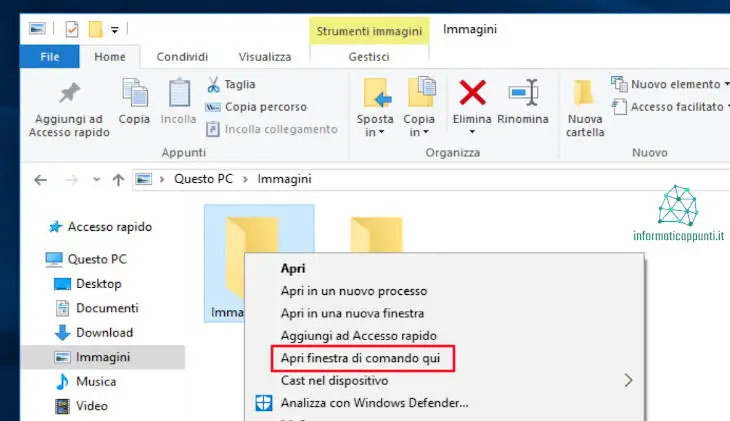 Aprire il prompt dei comandi in un cartella windows 10