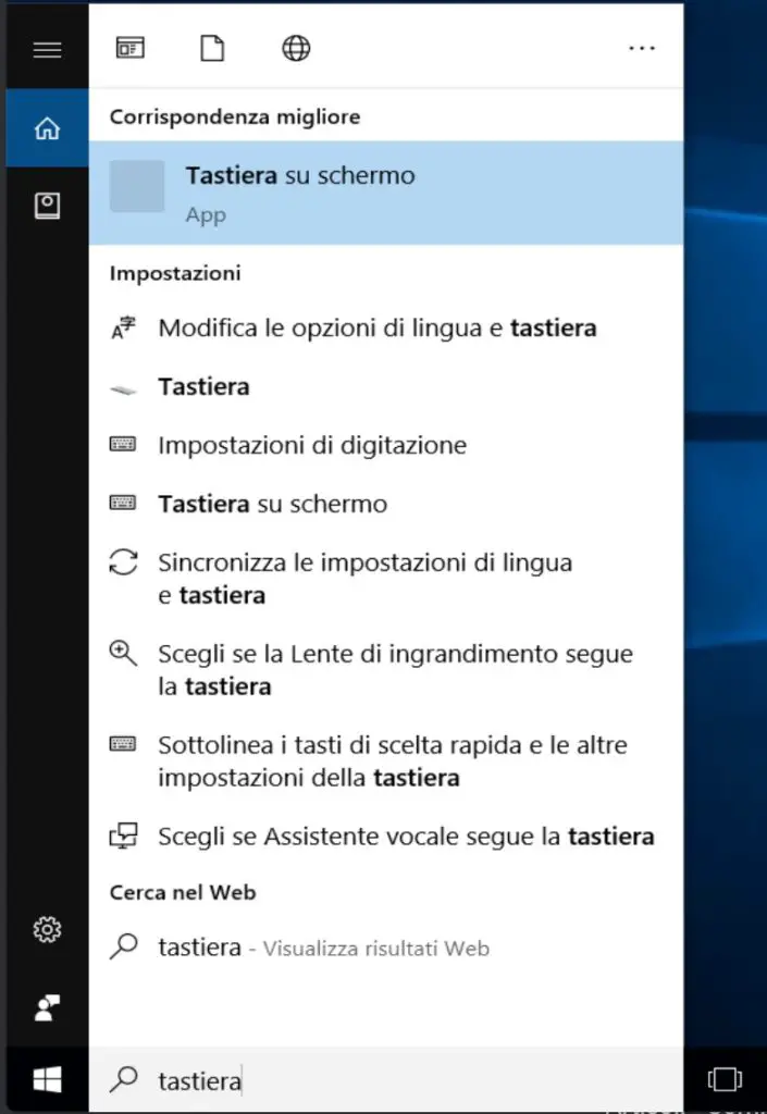 Ricerca tastiera su schermo windows 10