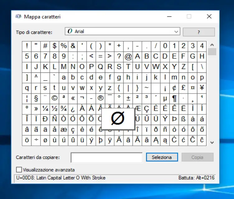 Il simbolo del diametro sulla mappa caratteri