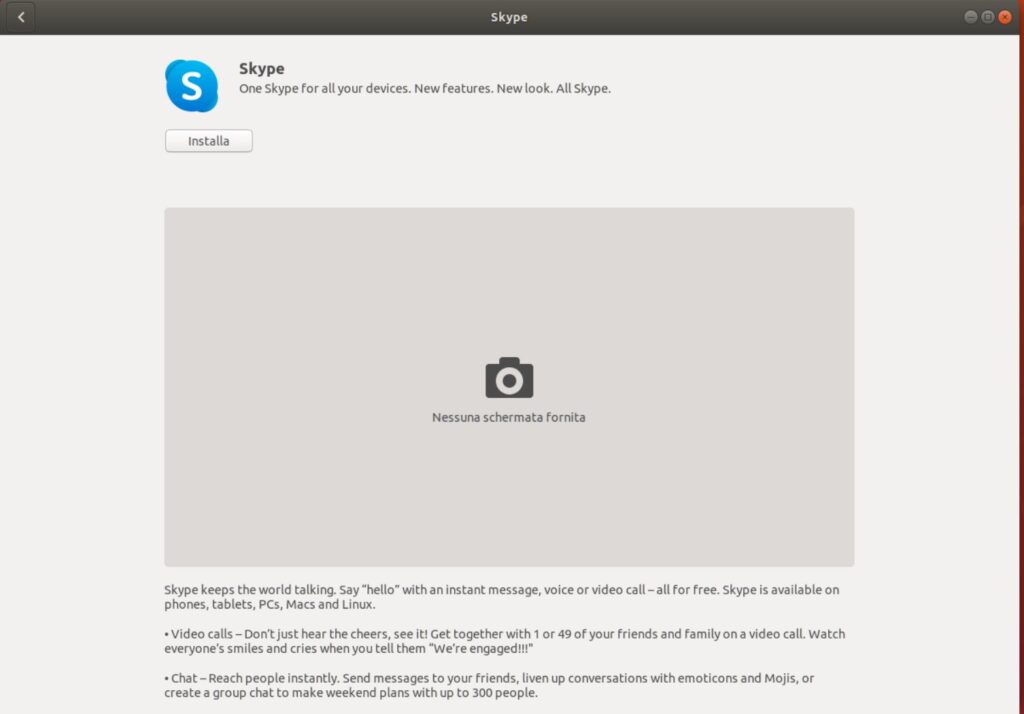 Schermata di Software Center per l'installazione di skype