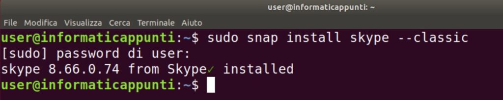 Installazione di skype su ubuntu tramite pacchetto snap da terminale