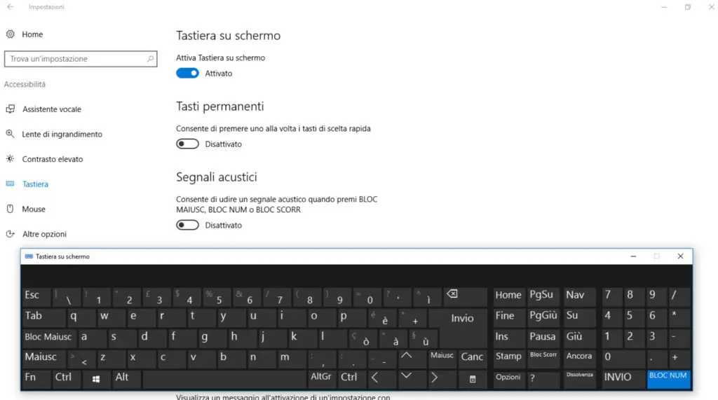 Tastiera su schermo nel menu impostazioni