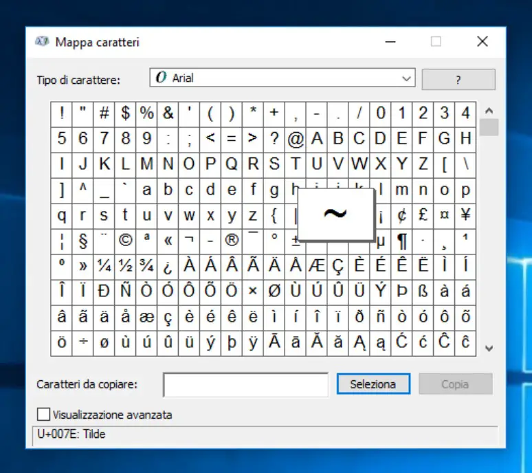 La tilde nella mappa caratteri di windows