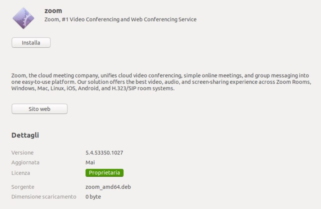 schermata installazione zoom su linux
