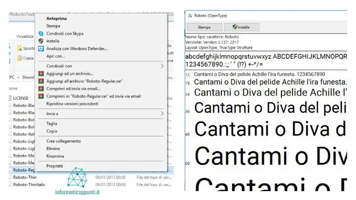 Installazione da file di un font