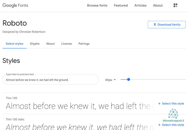 Schermata dettagli di Google Fonts