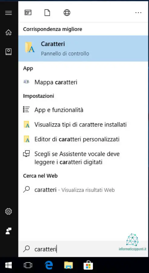 Ricerca impostazioni caratteri con la ricerca di windows