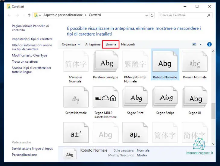 Schermata font del pannello di controllo