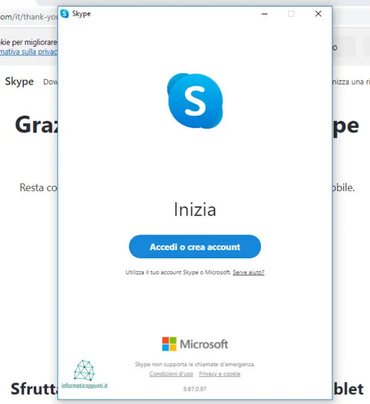 Schermata d'inizio di skype sul pc